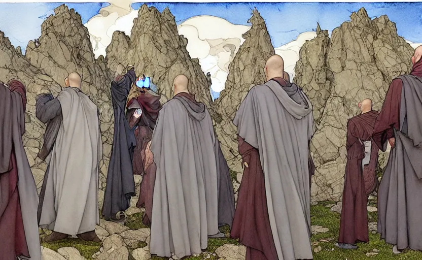 Prompt: a hyperrealist watercolour concept art of a group of medieval monks in grey robes pointing up at five large stones floating in the sky. by rebecca guay, michael kaluta, charles vess and jean moebius giraud. high detail, hq, wide shot