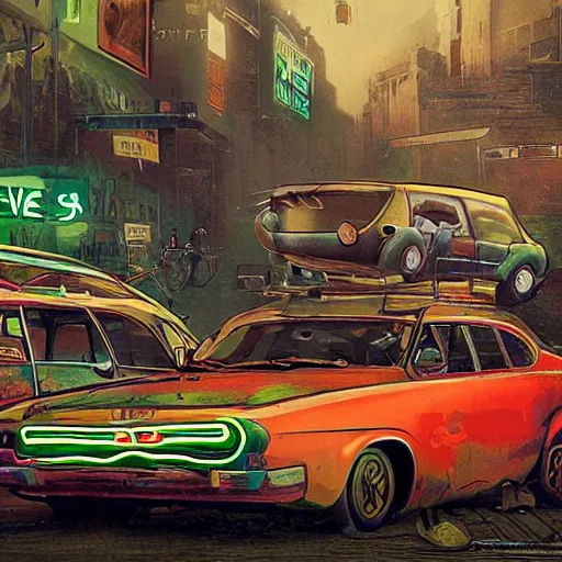 Prompt: cars behaving like animals, earthy colours, with neon flavours, hyper detailed, realistic, strange but real