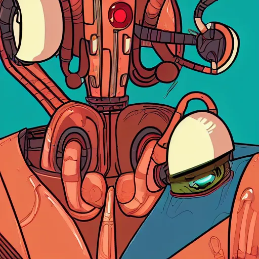 Image similar to cyberpunk robotic ren & stimpy, sharp lines, digital, artstation, colored in