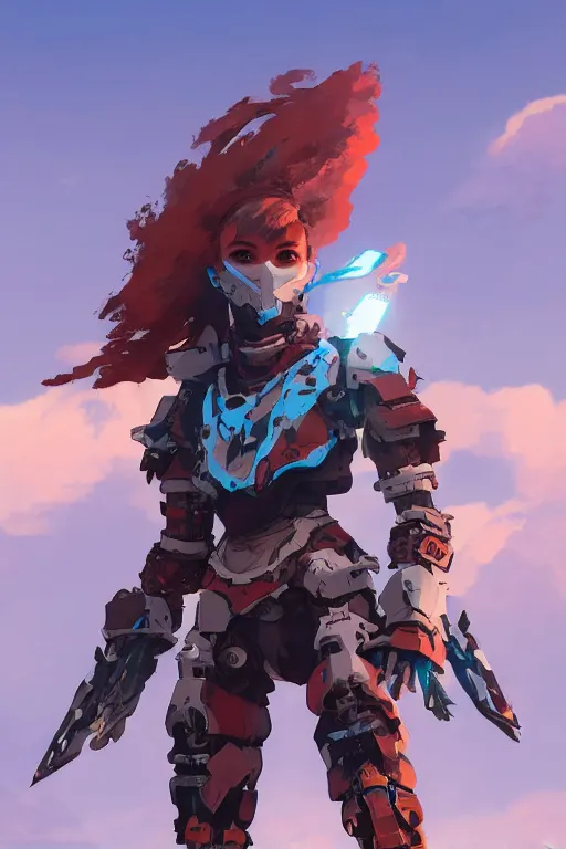 Image similar to combination suit armor aloy horizon forbidden west horizon zero dawn robot ninja mask helmet backpack tribal, aesthetic octane render, 8 k hd resolution, by ilya kuvshinov and cushart krentz and gilleard james radiating a glowing aura cgi rtx 2 0 2 2