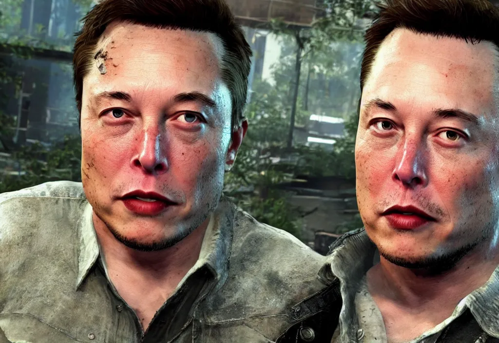 Image similar to elon musk in the video game in the last of us, gameplay screenshot, close up, 3 d rendering. unreal engine. amazing likeness. very detailed.