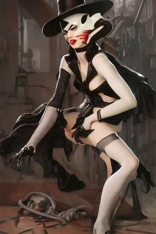 Prompt: full figure portrait of Zatana, pale, haunted, in tophat and tailcoat, legs wrapped in fishnet stockings, shushing the camera, dc comics, cyberpunk, Warhammer 40000, dark fantasy, digital art from artstation by Ruan Jia and Mandy Jurgens and Artgerm and william-adolphe bouguereau