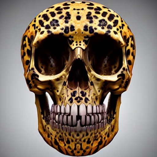 Image similar to Skull that look too much like skull!, I have likened evolution to a search through a very large space of possible organism characteristics, an 8k CG character rendering of a spider-like hunting female on its back, fangs extended, wearing a leopard-patterned dress, set against a white background, with textured hair and skin.