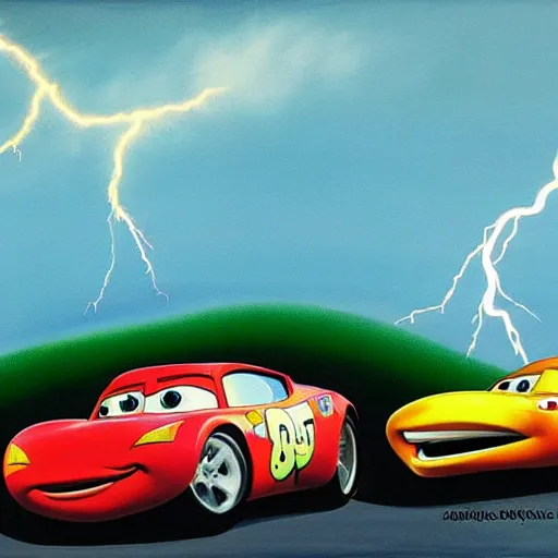 Prompt: a surrealist painting of Lightning McQueen,