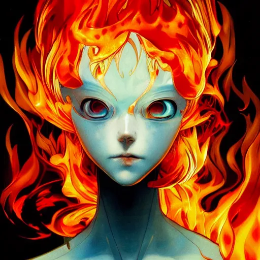 Image similar to prompt : flames portrait soft light painted by james jean and katsuhiro otomo and erik jones, inspired by evangeleon anime, smooth face feature, intricate oil painting, high detail illustration, sharp high detail, manga and anime 1 9 9 9