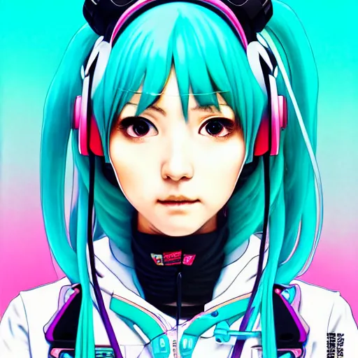 Image similar to high quality high detail 3 / 4 portrait of a hatsune miku as diesel punk character in an futuristic world, techwear, tristan eaton, victo ngai, artgerm, rhads, ross draws, hyperrealism, intricate detailed, alphonse mucha, pastel colors, vintage, artstation