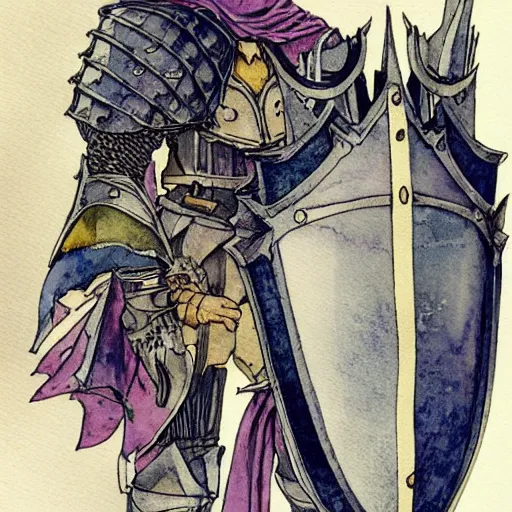 Prompt: watercolor, final fantasy tactics character, knight, wearing plate armor, wearing helmet, faceless, shrouded, artwork by harry clarke