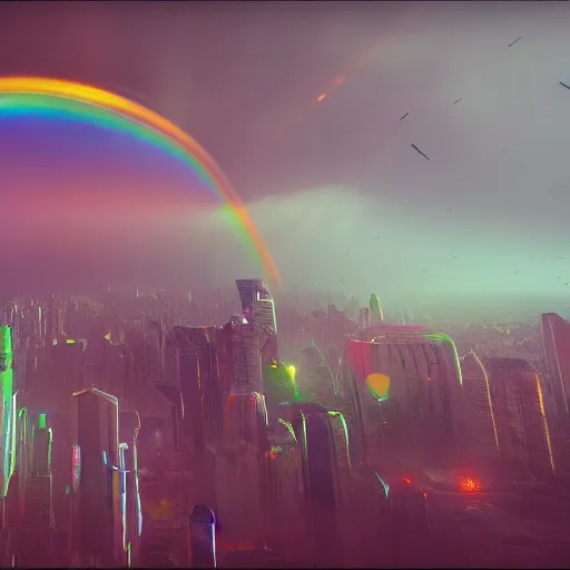 Image similar to a city upside down in the sky, connected with rainbows with the floor. Trending on artstation. Rendered in octane. 4k. In the style of craig mullins and Beeple.