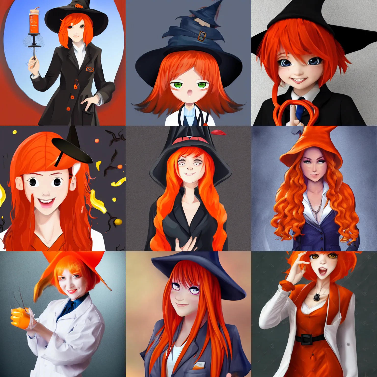 Prompt: high realistic witch full body in labcoat with witch hat portrait, face, smiling, cute, orange hair, red eyes