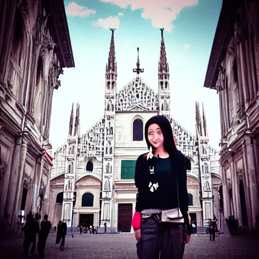 Prompt: “anime girl in front of the duomo cathedral in Milano, pixiv anime”