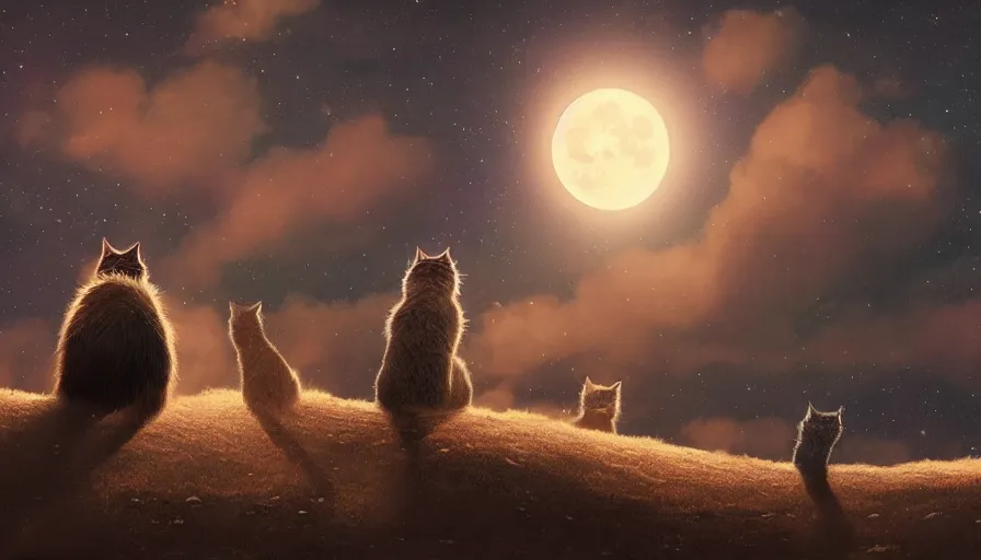 Image similar to cats on the hill looking at the stars in the sky together at night, moon and stardusts, hyperdetailed, artstation, cgsociety, 8 k