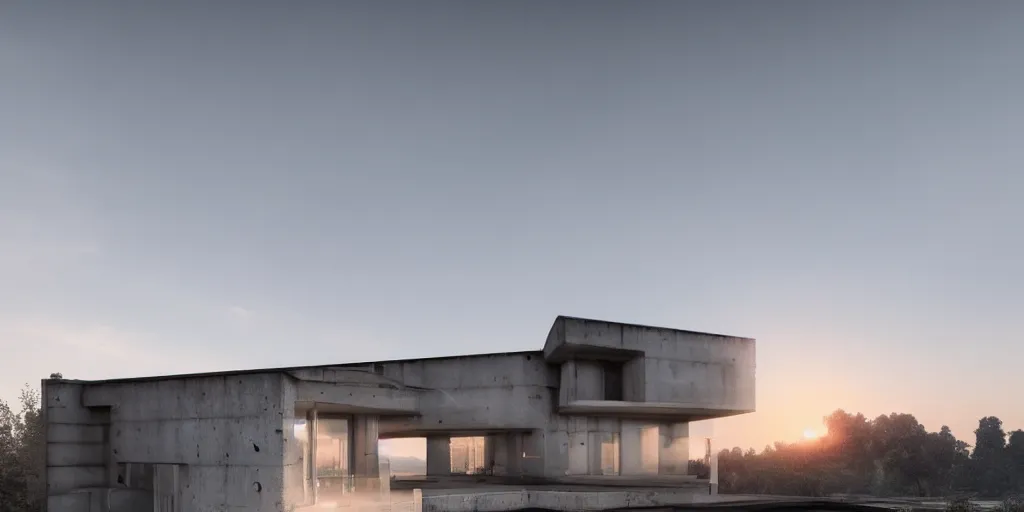 Prompt: a modern concrete house, brutalism, a view of a city, sunset, photorealism, beautiful, cinematic dramatic atmosphere, volumetric cinematic perfect light, detailed octane render trending on artstation, 8 k, by chris hytha and jag studio