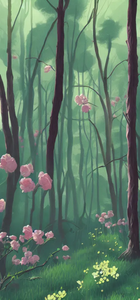 Prompt: smooth flowering forest. gouache painting by the award - winning concept artist, bloom, chiaroscuro, backlighting, depth of field.