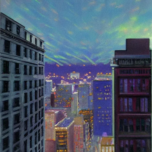 Prompt: full color ultra realistic painting of a balcony view of 1 9 2 5 boston downtown at night, the sky is distorted and broken like a smashed mirror, dark, brooding, night, atmospheric, ultra - realistic, smooth, highly detailed