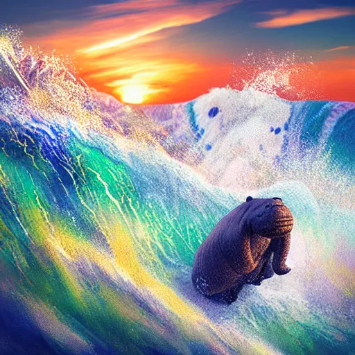 Image similar to a closeup photorealistic photograph of a happy knitted tiger hippopotamus riding a large wave during sunset. surf in the background. professional capture. brightly lit scene. this 4 k hd image is trending on artstation, featured on behance, well - rendered, extra crisp, features intricate detail, epic composition and the style of unreal engine.