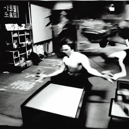 Image similar to George Costanza throwing a table, frantic, chaotic, ethereal, b&w, 35mm film!!!!!!!!, are-bure-boke!!!!!!!!, by Daido Moriyama!!!!!!