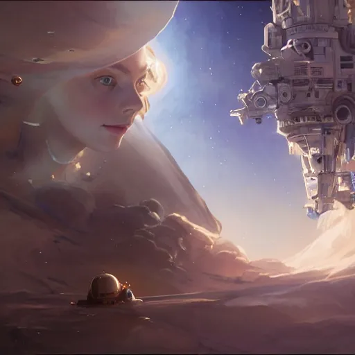 Image similar to sargent and leyendecker and peter paul rubens, head and shoulders portrait of a elle fanning in space, stephen bliss, unreal engine, fantasy art by greg rutkowski, loish, rhads, ferdinand knab, makoto shinkai, ilya kuvshinov, rossdraws, global illumination, radiant light, detailed and intricate environment