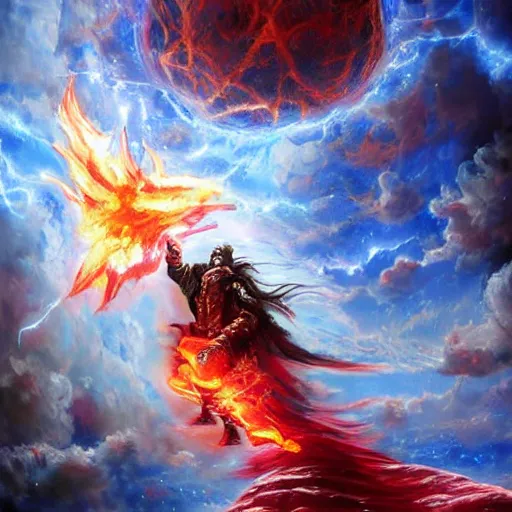 Image similar to Highly detailed oil painting, concept art, of a wizard casting a fireball spell, fighting against a huge ice giant, red and blue color scheme, concept art, highly detailed.