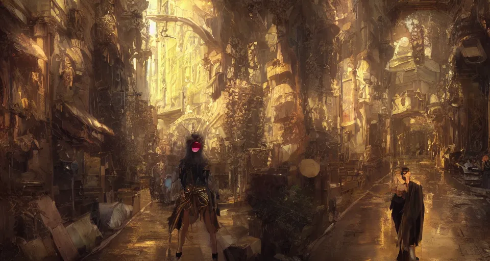 Image similar to craig mullins and ghibli digital art of theater, stage, masked female violinists, exotic costumes, gold jewelry, black hair, solo performance unreal engine, hyper realism, realistic shading, cinematic composition, realistic render, octane render, detailed textures, photorealistic, wide shot