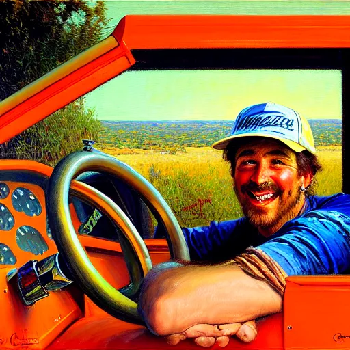 Image similar to beautiful painting of a truck driver sitting in his truck, interior, detailed face, happy smile, trucker hat, painting by gaston bussiere, craig mullins