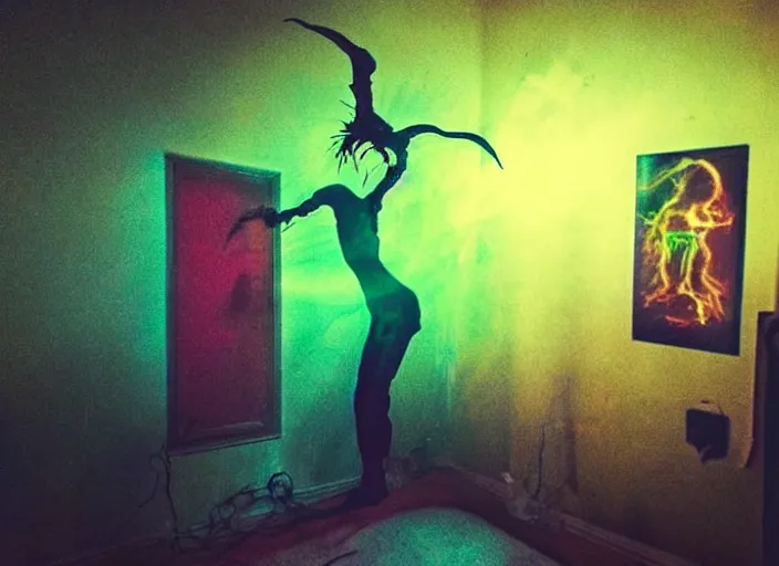 Image similar to horror demon evil transparent spirit attacks in living room interior coloured photo close shot on iphone, dynamic pose, sharp focus, grainy, corpse, paranormal, long exposure, flashlight, night, total darkness, poltergeist, aberrations,