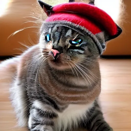 Image similar to cute cat photo wearing wool hat doing mlem cat ears