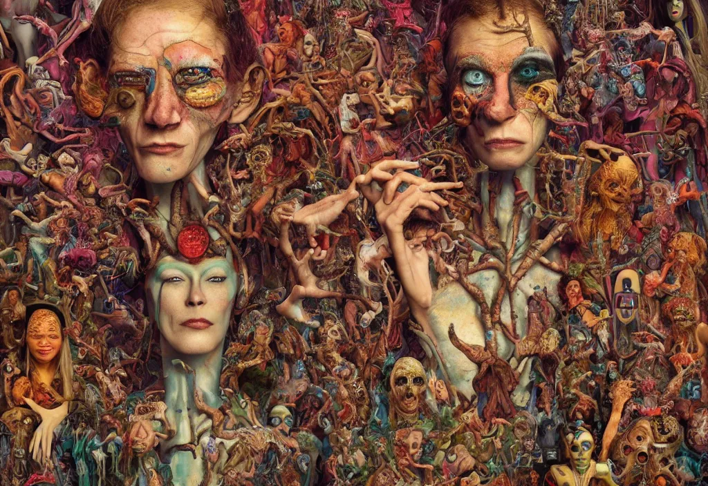 Image similar to 35mm color, humans enslaved by artificial intelligence, portrait, fashion shoot, freak show, weird, random, strange, hyper detailed, photorealistic, interesting, by David la chapelle and karol bak and david cronenberg and WETA digital, art by Ivan Bilibin, Dariusz Zawadzki , ID magazine, octane rendering, cinematic, hyperrealism, octane rendering, 8k, depth of field, bokeh.