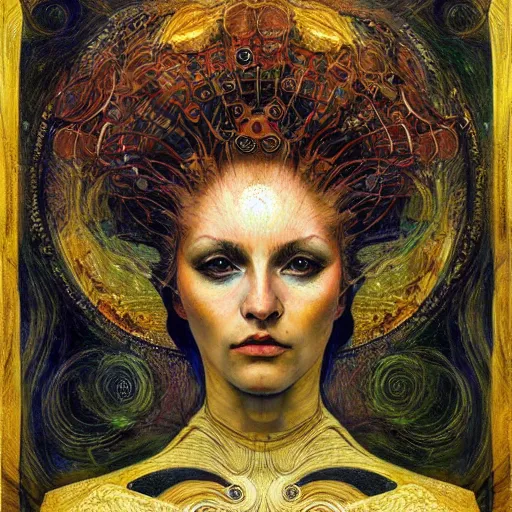 Image similar to Divine Chaos Engine portrait by Karol Bak, Jean Deville, Gustav Klimt, and Vincent Van Gogh, celestial, sacred geometry, visionary, mystic, fractal structures, ornate realistic gilded medieval icon, spirals