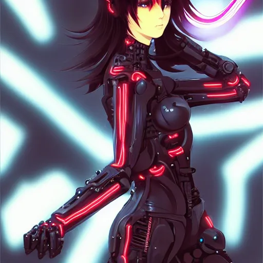 Image similar to digital anime in the style of arcane a cyborg - girl hacking into reality, black red long hair!, biomechanical details, neon background lighting, full body, medium sensor, 8 0 mm, reflections, wlop, ilya kuvshinov, artgerm