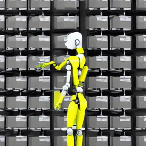 Prompt: A robot woman guarding a wall of computers