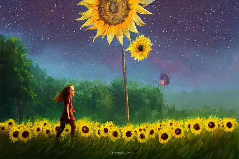 Prompt: giant sunflower as a face, girl walking between big trees, hills, surreal photography, dark night, star trails, dramatic light, impressionist painting, clouds, digital painting, artstation, simon stalenhag
