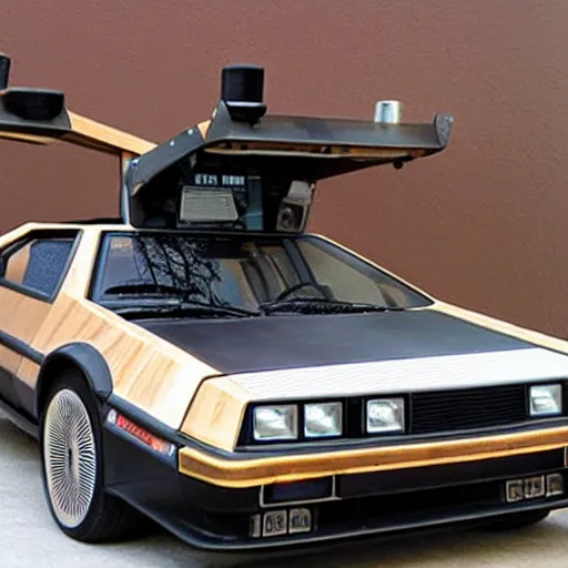 Prompt: wooden delorean, delorean made out of wood, old polaroid