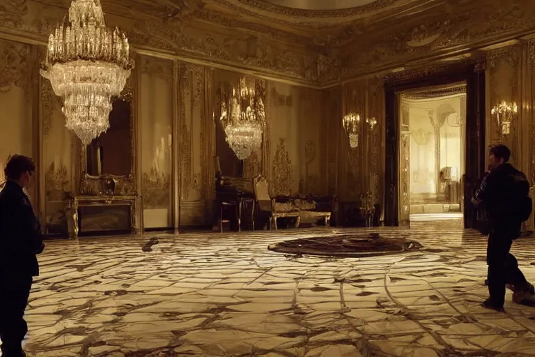 Image similar to cinematography of detectives investigating a crime scene in an decadent palace foyer by Emmanuel Lubezki