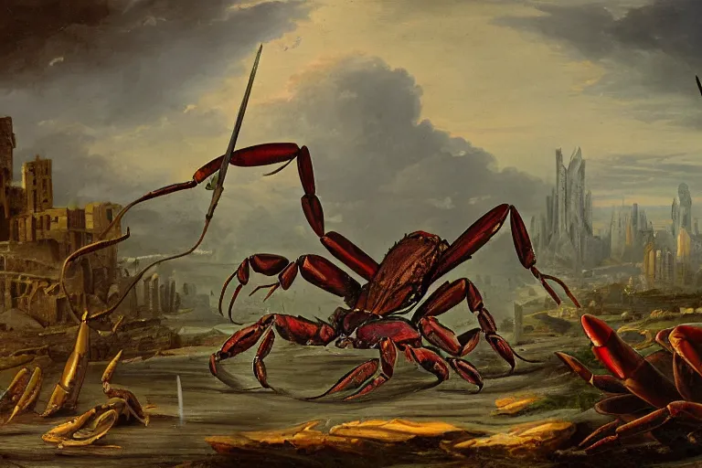 Prompt: huge crab scorpion with poison stinger looming over a ruined city, oil painting.