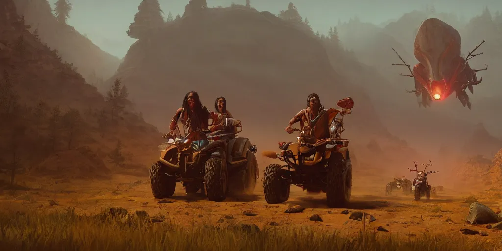 Image similar to native indian on atv attacking bufallos, action scene, an epic fantasy, dramatic lighting, cinematic, establishing shot, extremely high detail, photorealistic, cinematic lighting, artstation, octane render, by simon stalenhag, horizon forbidden west and futuristic western