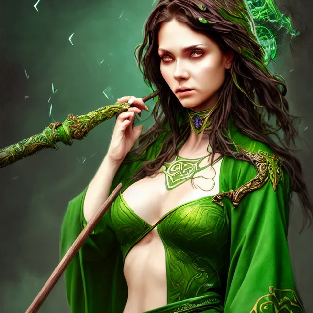 Image similar to beautiful elemental earth witch with ornate green robes and staff, highly detailed, 4 k, hdr, smooth, sharp focus, high resolution, award - winning photo, artgerm, photorealistic