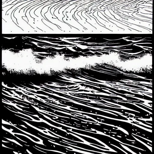 Prompt: ocean swells by Moebius, black and white