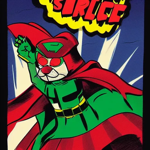 Prompt: A ferret is a superhero, cute green cape, black mask, red suit, he's fighting a villain, comic book art