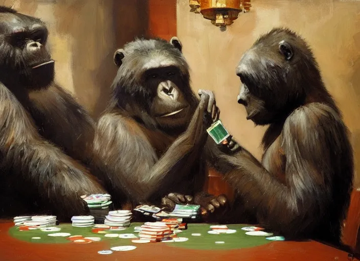 Image similar to one gorrila and one bear playing poker, highly detailed beautiful, by gregory manchess, james gurney, james jean