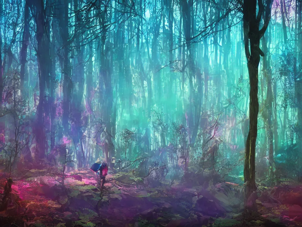 Image similar to mystical colorful cyberpunk forest with a clear blue lake in a clearing where an abstract nebula crystal sculpture is floating above it, powerful, ethereal, vaporwave