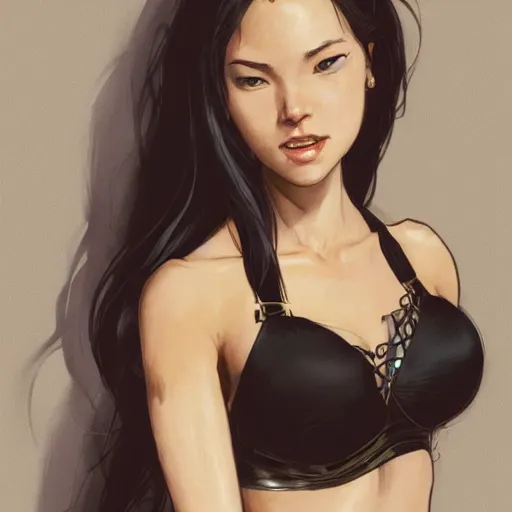 Prompt: portrait of cassandra cain wearing black bra, looking at camera, attractive, casual, modern, victoria's secret, highly detailed, digital painting, artstation, concept art, smooth, sharp focus, illustration, art by artgerm, greg rutkowski and alphonse mucha