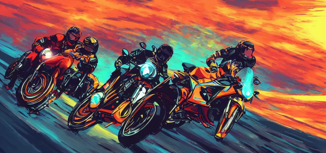 Prompt: motorcycle racing over water, action shot, in the style of makoto shinkai, gritty, bright color hues, high detail