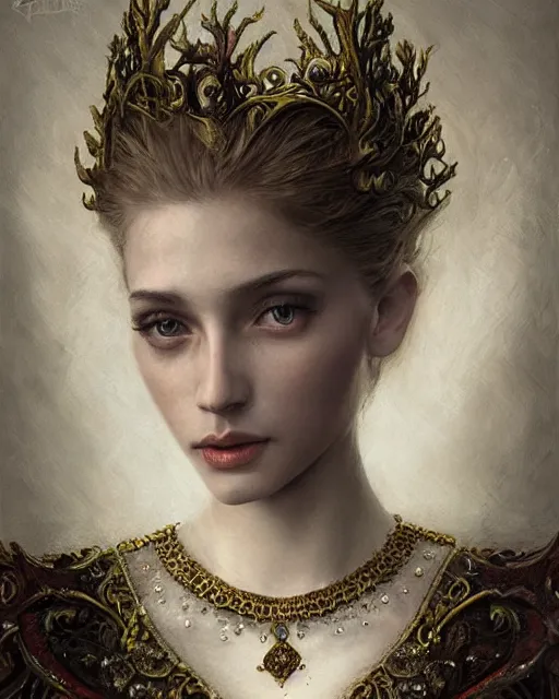 Image similar to portrait of a gorgeous young poppy queen, uniquely beautiful, surreal, fantasy, ornamental, intricate, elegant, dramatic lighting, emotionally evoking symbolic metaphor, highly detailed, lifelike, photorealistic, digital painting, artstation, concept art, smooth, sharp focus, illustration, art by John Collier and Krenz Cushart and Artem Demura and Alphonse Mucha and Albert Aublet