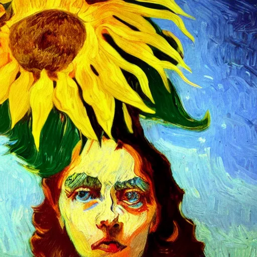 Image similar to closeup, giant sunflower head, woman standing in a room, surreal, dramatic light, impressionist painting, digital painting, artstation, van gogh