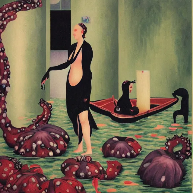 Prompt: tall female artist holding art supplies in her flooded apartment, pomegranates, octopus, water gushing from ceiling, painting of flood waters inside an artist's apartment, a river flooding indoors, candles, ikebana, zen, rapids, waterfall, black swans, canoe, berries, acrylic on canvas, surrealist, by magritte and monet