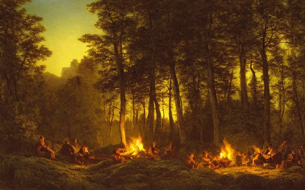 Image similar to campfire on the edge of a forest overlooking a beautiful valley at dusk, cinematic lighting, intricate ink illustration, by albert bierstadt