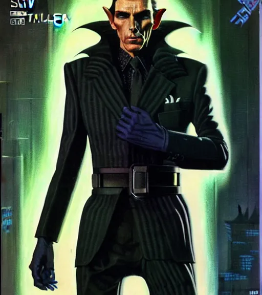 Prompt: a cyberpunk very ugly but sad mafia boss in a suit with slicked back black hair played by christen bale as an elf, 1 9 7 9 omni magazine cover, style by vincent di fate, artgerm, very coherent, hyper detailed, 4 k resolution, bright, unreal engine, daz