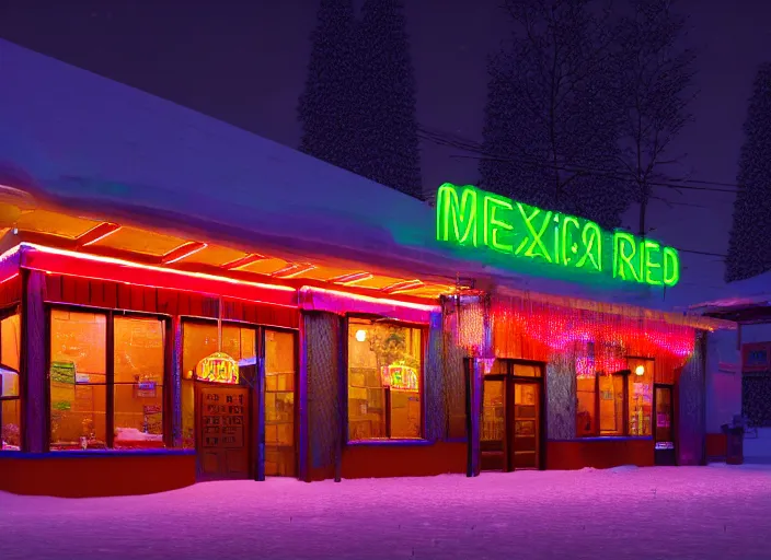 Image similar to exterior photo of a mexican restaurant, neon lights, in a flat snowy field. 35mm. Very detailed 8k. Sharp. Cinematic post-processing. Unreal engine. Nanite. Ray tracing. Parallax. Tessellation