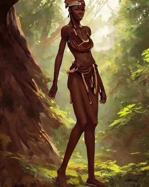 Image similar to an African tribeswoman standing in the woods. By Makoto Shinkai, Stanley Artgerm Lau, WLOP, Rossdraws, James Jean, Andrei Riabovitchev, Marc Simonetti, krenz cushart, Sakimichan, D&D trending on ArtStation, digital art.