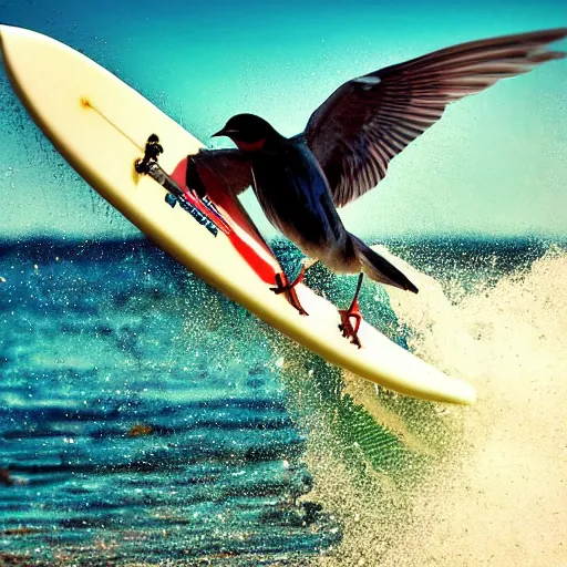 Image similar to Bird surfing on a surfboard, high detail photo, 8K, very beautiful, award winning